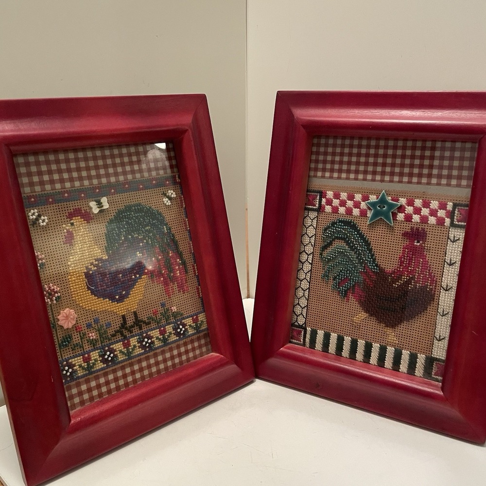 Completed Mill Hill Cross Stitch Rooster Pictures Set Of 2 Farmhouse Cottage